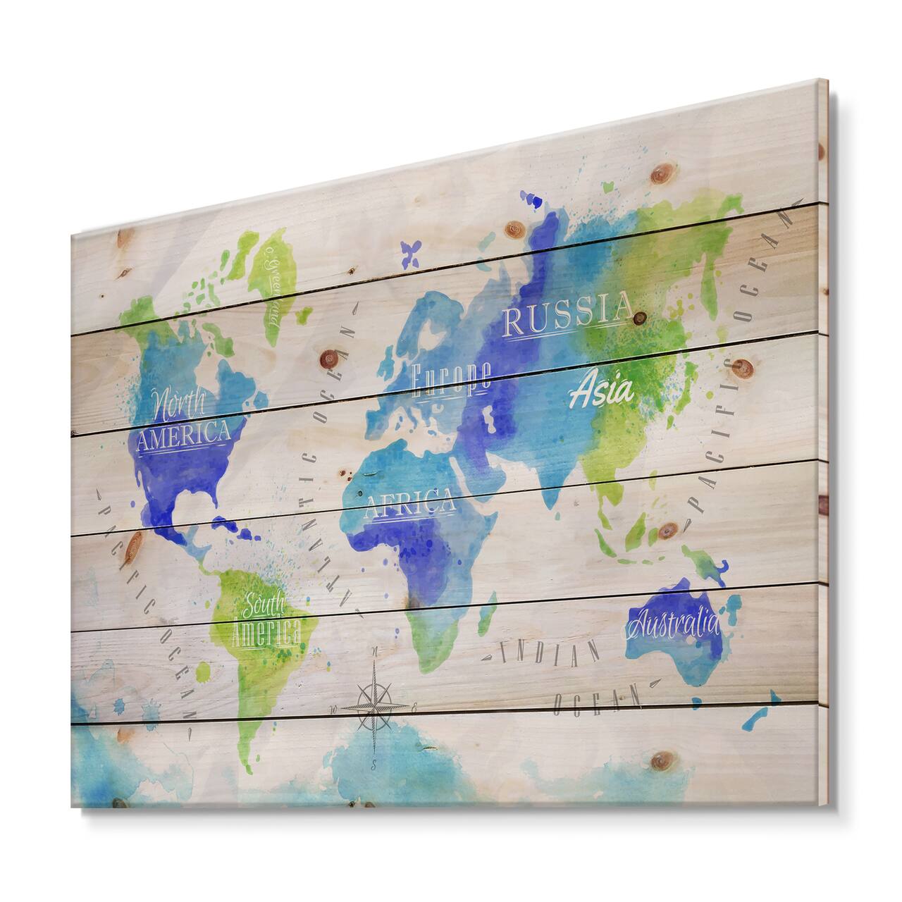 Designart - World Map In Green and Blue - Modern Print on Natural Pine Wood